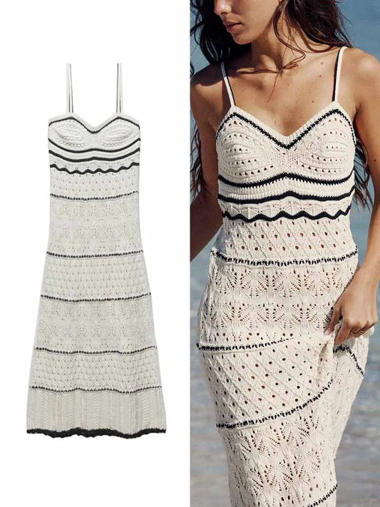 TRAFZA Women's Beach Wind Slim Sling Long Dress New Fashion Street Shoot Sleeveless Sexy Midi Long Dress Elegant Women's Fashion