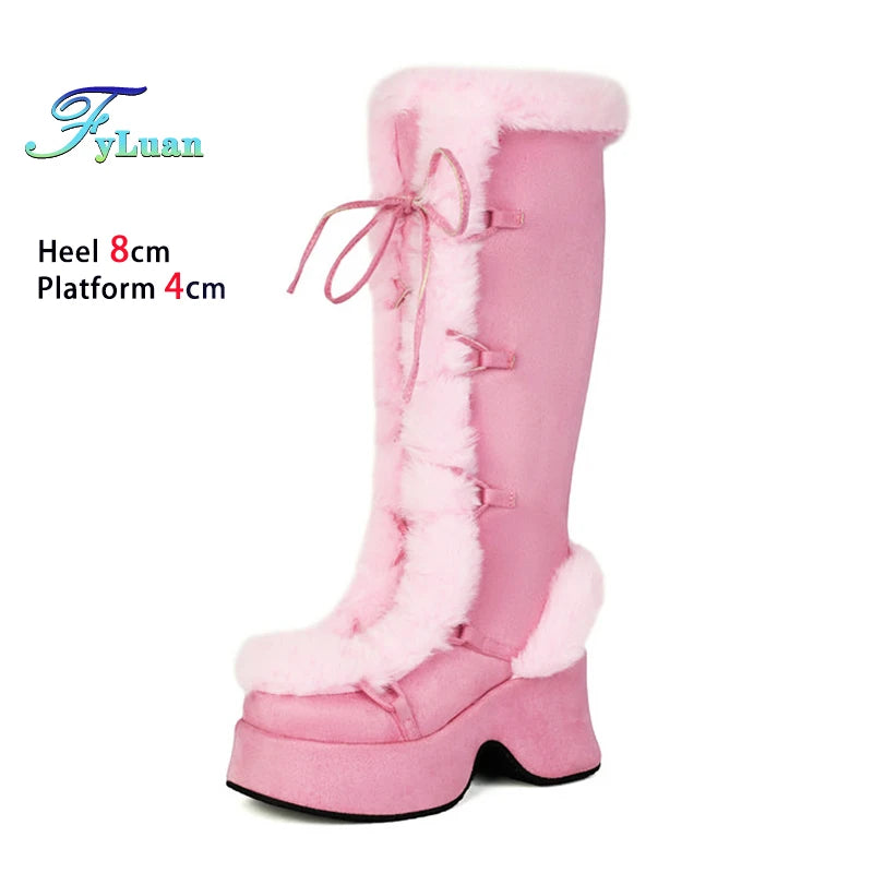 8CM Chunk Heels Winter Warm Knee High Boots Women Snow Short Plush Platform Boots Faux Fur Cosplay Lace-up Long Shoes Size 34-43