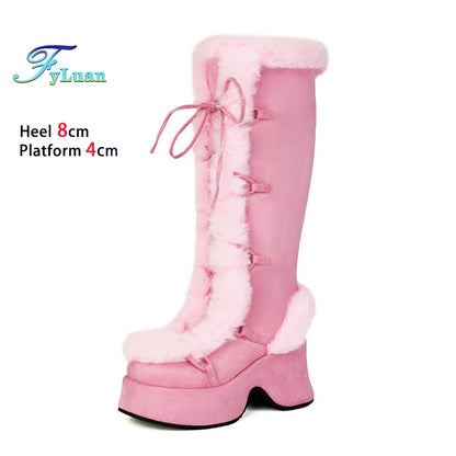 8CM Chunk Heels Winter Warm Knee High Boots Women Snow Short Plush Platform Boots Faux Fur Cosplay Lace-up Long Shoes Size 34-43