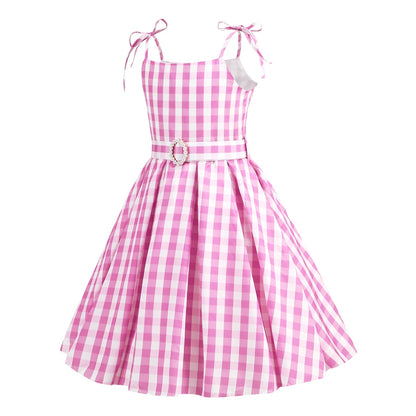 EtherealBe pink cowgirl cosplay set for kids gingham sundress with bow shoulder ties and decorative belt