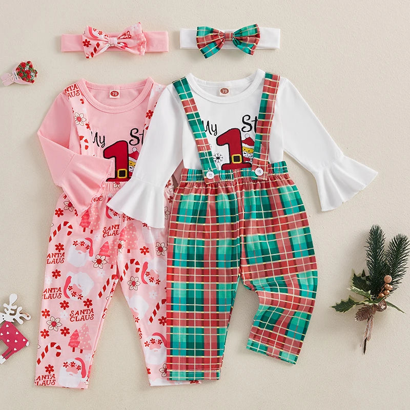 0-18 Months Baby Girls Christmas Outfits Long Sleeve Romper with Suspender Pants Headband Set Newborn Fall Clothes