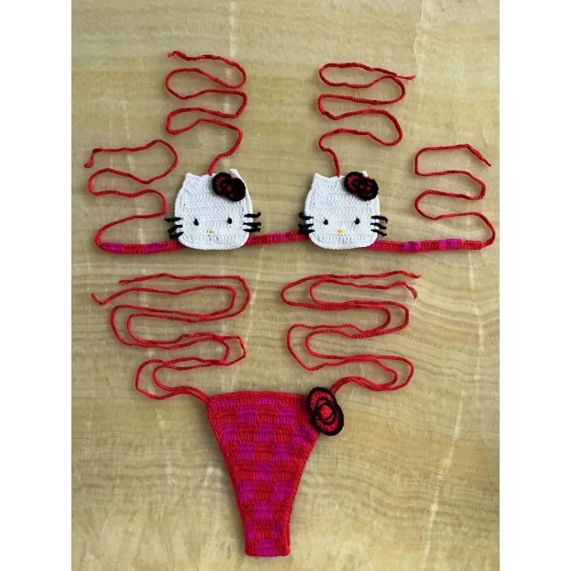 Sanrio Crochet Bikini Set Cute Girls Swimsuits Hello Kitty Sexy Bathing Suit Micro Ties Bikinis Beachwear Women Swimming Suit
