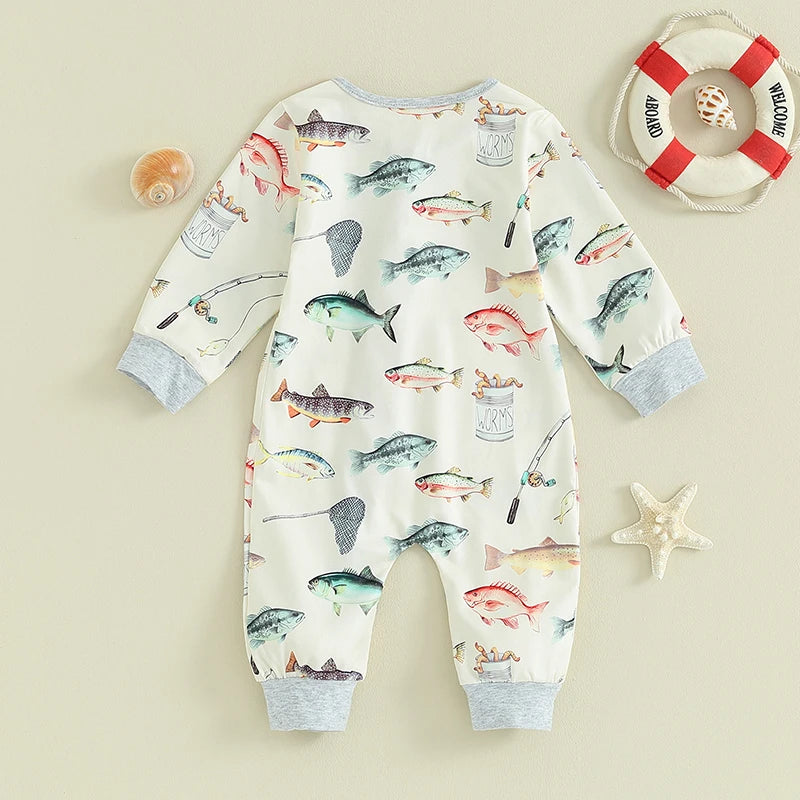 Baby Jumpsuit Long Sleeve Crew Neck Fish Print Zipper Closure Fall Romper Clothes for Boys Girls