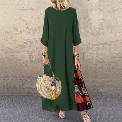 Autumn New Women's Dress Fashion Printed Round Neck Retro Style Patchwork Temperament Commuter Three-quarter Sleeve Long Dress