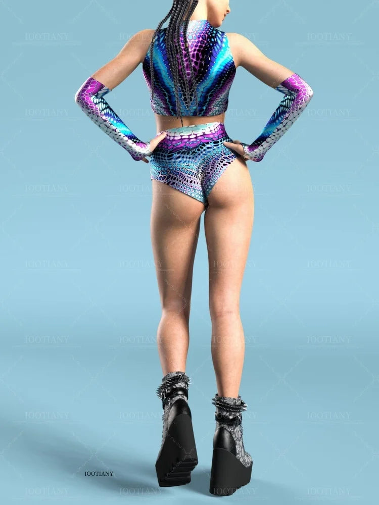 Adult Sleeveless Multicolor Role Play Bodysuit Swimsuit Women Sexy Hollow Off Shoulder Graffiti Art Bodycon Performance Costume