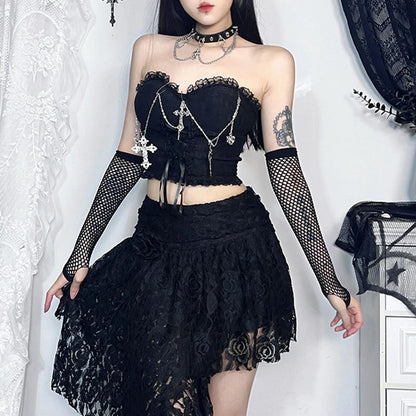 Gothic Cross Chain Crop Tube Top Women's Harajuku Lace Trim Strapless Tank Tops Y2K Clothes Punk E Girl Hippie Party Grunge Tops