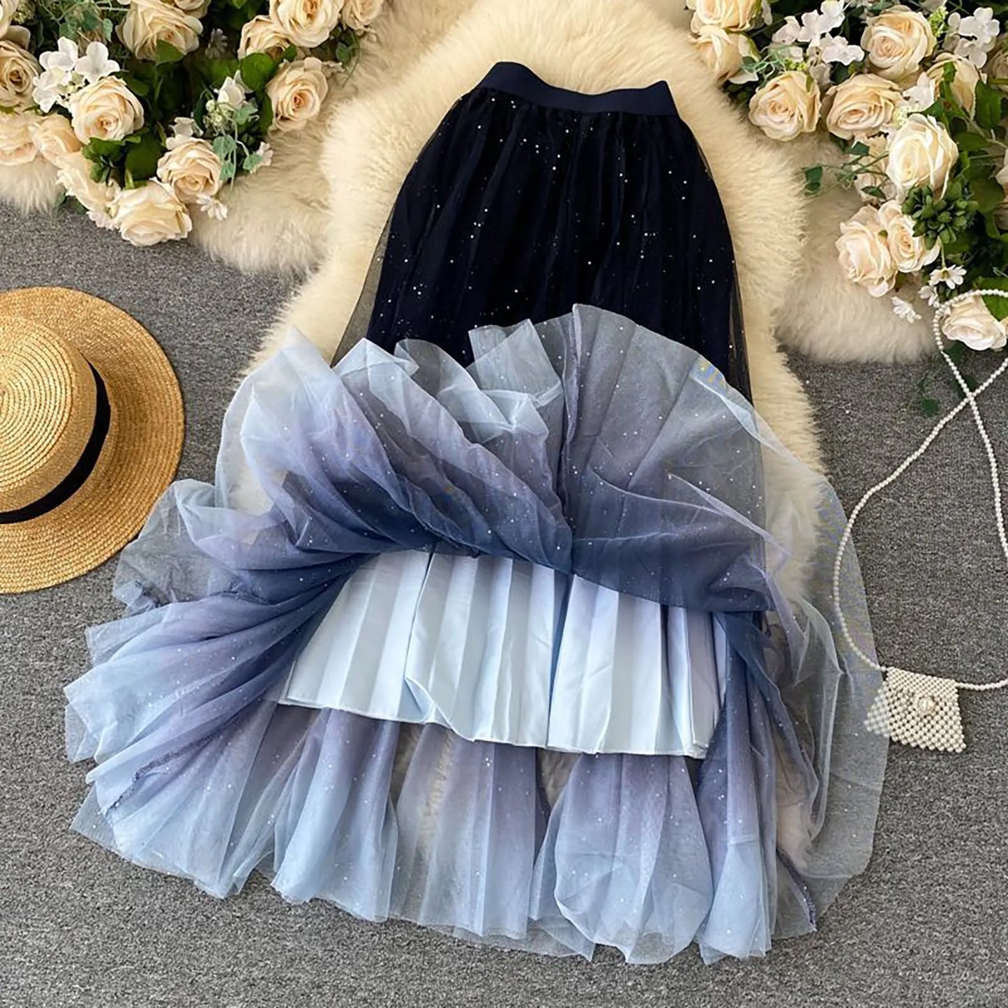 Women'S Fairy Tulle Skirt Starry Sky Gradient Color Mesh Skirt High Waist A Line Pleated Skirt Sequin Skirt Vestidos Para Mujer