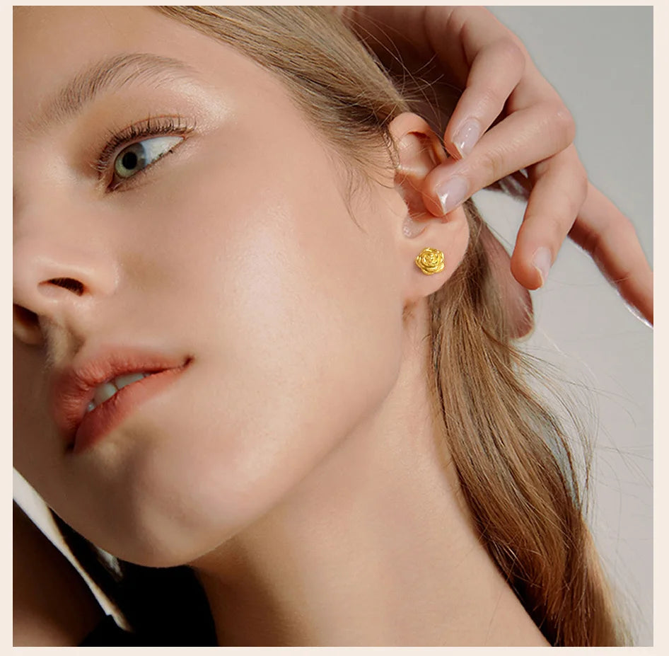 Exquisite Rose Flower Stud Earring, Stainless Steel Gold Color Petal Earrings, Trendy Women Christmas Gift