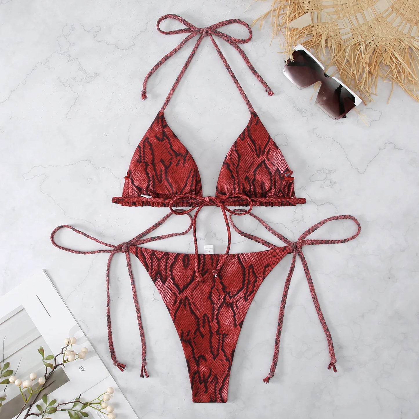 Snake Print 2-piece Swimsuit for Women,2024 New Triangle Bikini,summer Beach Vacation Suspender Backless Lace-up Bathing Suit