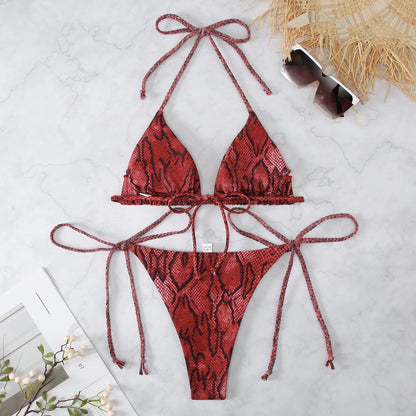 Snake Print 2-piece Swimsuit for Women,2024 New Triangle Bikini,summer Beach Vacation Suspender Backless Lace-up Bathing Suit