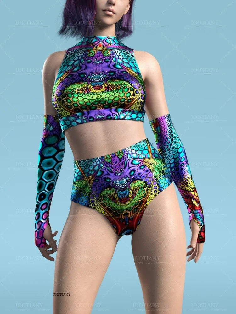 Adult Sleeveless Multicolor Role Play Bodysuit Swimsuit Women Sexy Hollow Off Shoulder Graffiti Art Bodycon Performance Costume