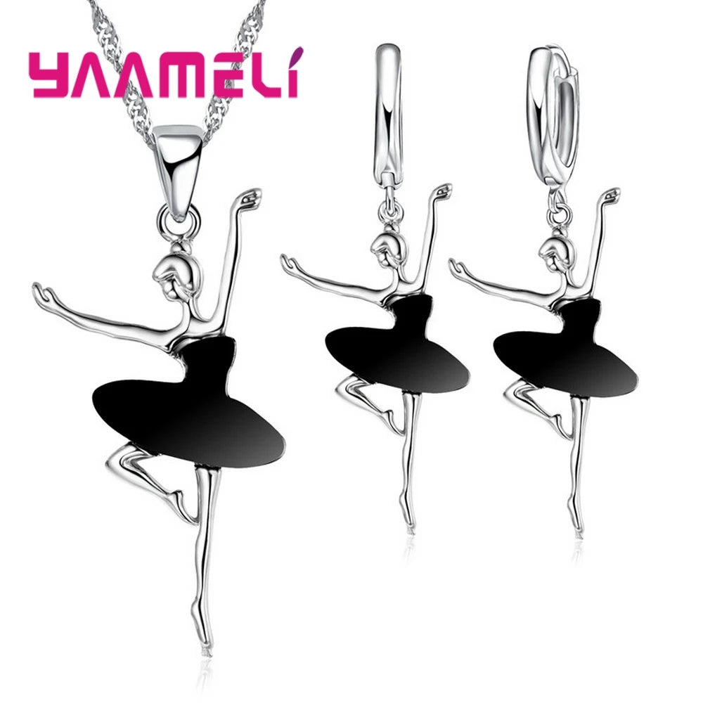 925 Sterling Silver Color Necklace/Earring Sets Sports Style Elegant Human Dance For Women Girl Birthday Party