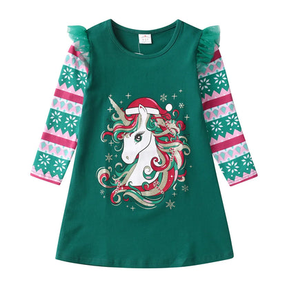 DXTON Girls Unicorn Cartoon Print Kids Green Cotton Print