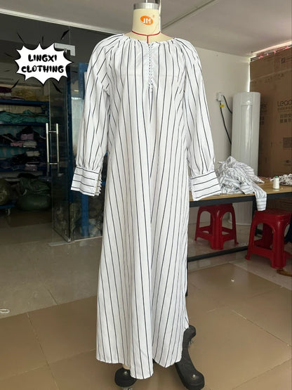 Women's 2023 Cotton Linen Stripe Round Neck Long Sleeve Simple Loose Long Pullover Dress Vintage Elegant Women's Dress Robe