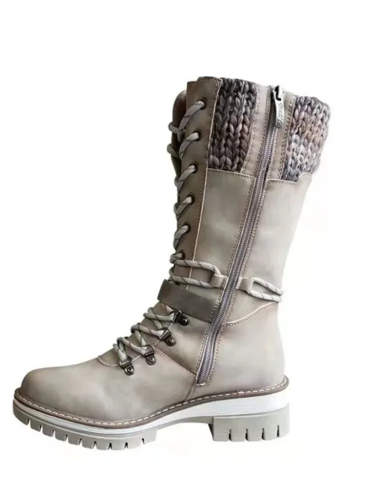 2025 Women Winter Buckle Lace Knitted Mid-calf Boots Low Heel Round Toe Boots Top Quality Winter Warm Boots Women Botas De Mujer