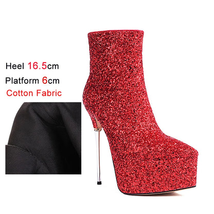 2025 New Autumn Winter Shiny Stiletto Ankle Boots Woman High Heels Glitter Bling Short Boots Women Platform Pointed Toe Shoes