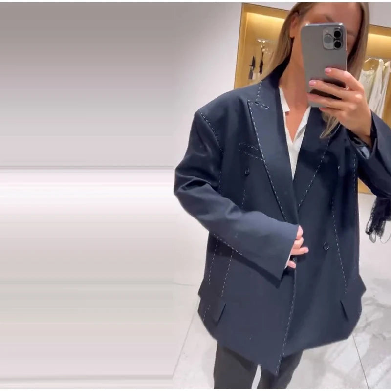 Casual Loose Women's Blazer Pant Suits Lapel Doube-Breasted Top Straight Pants Lady Set 2025 Autumn New 2 Pieces Set Women