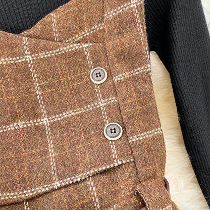 High Quality Fall Winter Women Sweater Overalls Dress Sets Casual Knitted Tops +Plaid Woolen Dress 2 Piece Sets Outfits Female