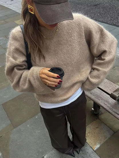 HH Autumn Sweater For Women Fashion Vintage Wine Red Knitted Pullover Long Sleeve O Neck Sweatshirt High Street Knitwear Top