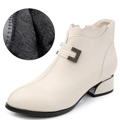 2025 Fashion Genuine Leather Ankle Boots Women Thick Heels Zipper Pointed Toe Autumn Winter Woman Shoes Soft Sole Short Boots