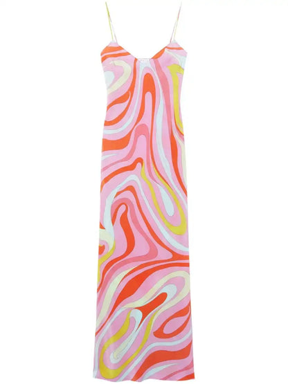 Chic Print Sling Long Dress Women Sleevless Backless Side Split Party Dresses 2025 Summer Street Beach Lady Ankle-length Robes