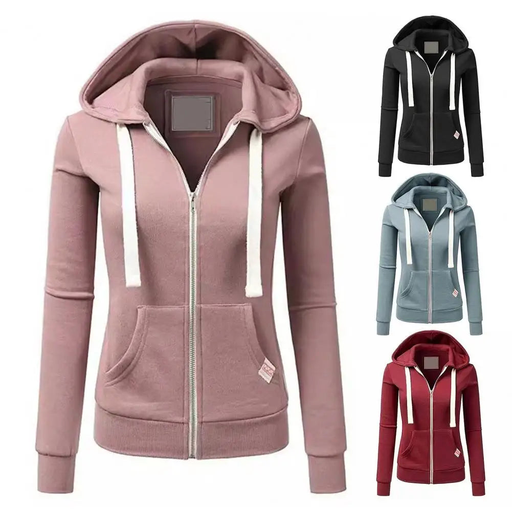 Women Sports Hoodie Women's Drawstring Hooded Zip-up Jacket with Elastic Cuff Pockets Fall Winter Sport Fitness Coat for Slim
