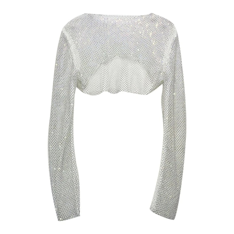 Women Colorful Rhinestones Long Sleeve Crop Top Sparkly Glitter Drill Shawls Shrug See Through Fishnet Cover Up Clubwear