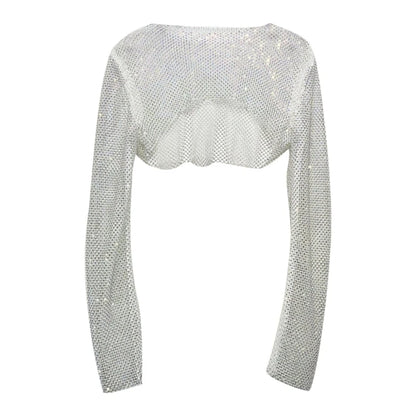 Women Colorful Rhinestones Long Sleeve Crop Top Sparkly Glitter Drill Shawls Shrug See Through Fishnet Cover Up Clubwear