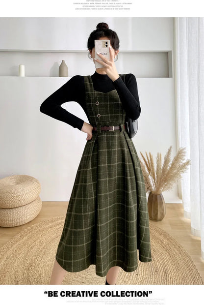 High Quality Fall Winter Women Sweater Overalls Dress Sets Casual Knitted Tops +Plaid Woolen Dress 2 Piece Sets Outfits Female