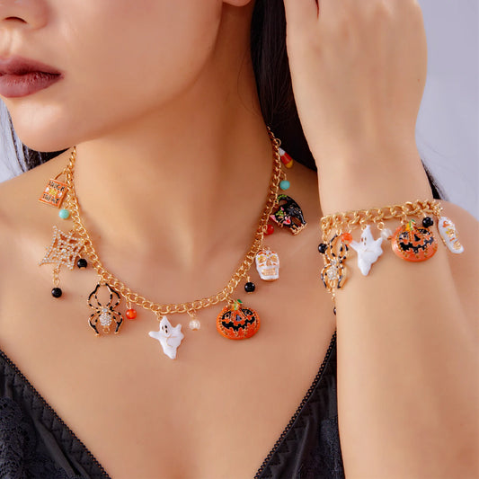 EtherealBe Halloween pumpkin necklace and bracelet set featuring colorful charms and spooky designs