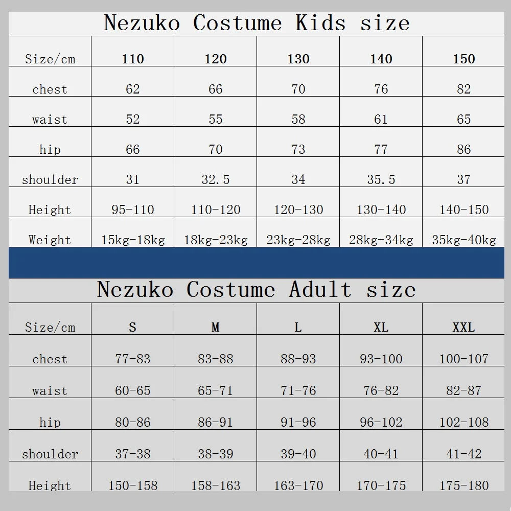 Demon Slayer Nezuko cosplay costume size chart for kids and adults with detailed measurements