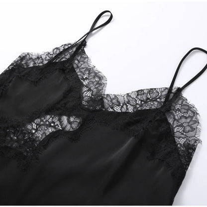 Brown Satin Sexy Lace Spliced Short Sling Dress Women V-neck Sleeveless Backless Asymmetric Party Dresses 2025 Summer Lady Robes