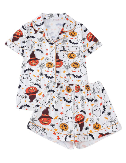 Women Halloween Pumpkin Bat Print Pajama Set,Breathable Lapel Loungewear Short-Sleeved Roll-Neck Shirt and Loose Shorts S-XXL