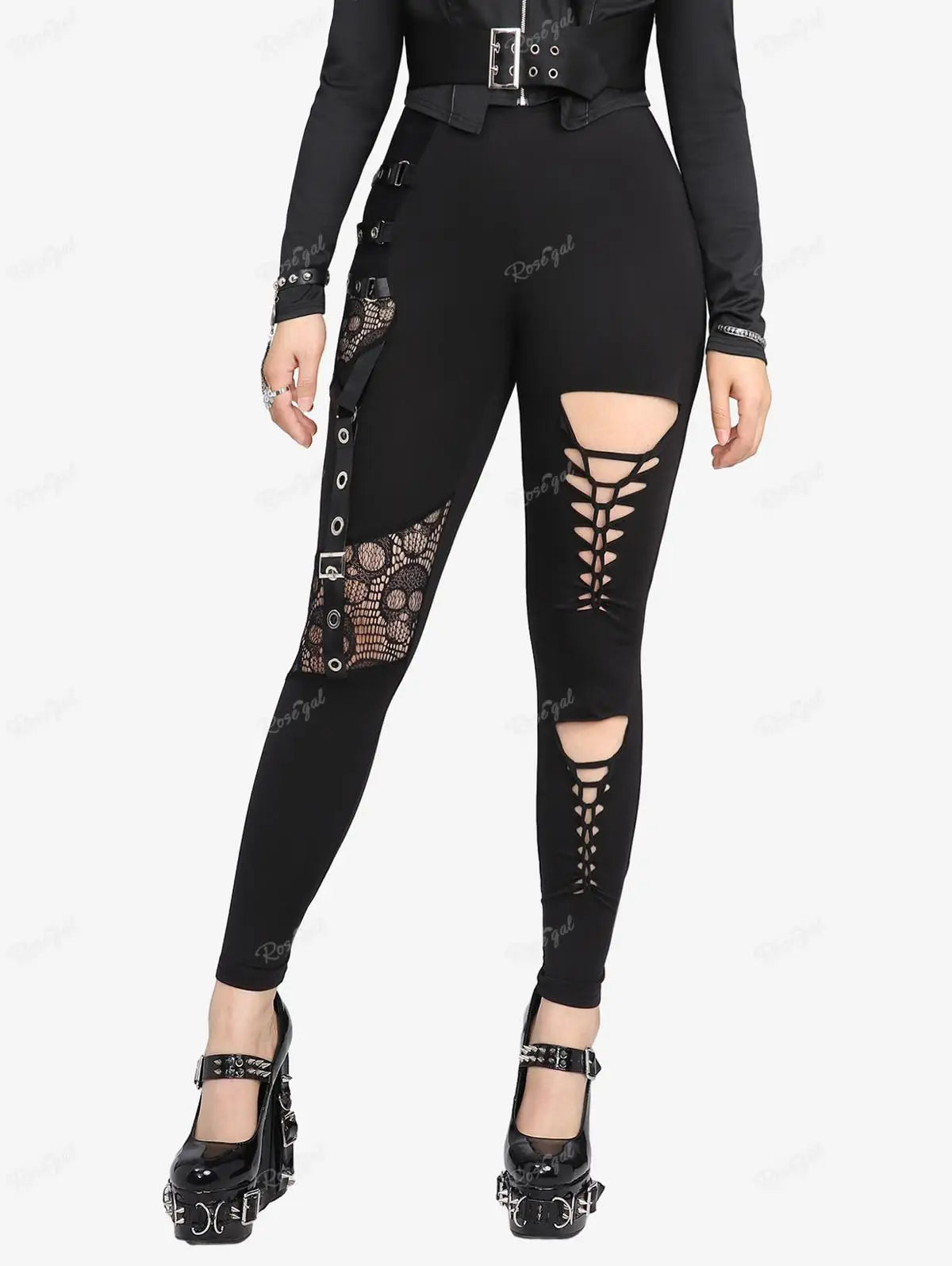 ROSEGAL Plus Size Women Elastic Waist Pants Black Gothic Fishnet Hollow Out Patchwork Buckle Grommet Skinny Pant Bottoms