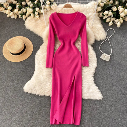 Autumn Winter Sexy High Split Sweater Dress Women Full Sleeve Basic Slim Elastic Bodycon Long Dress Party Vestidos
