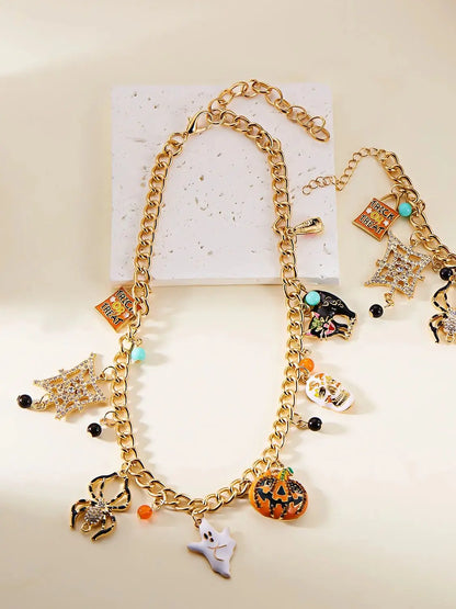 EtherealBe Halloween pumpkin necklace and bracelet set with charming Halloween-themed charms and gold chain