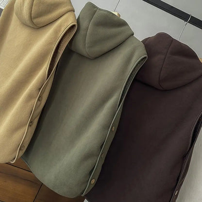 Lady Thermal Vest Women Side Button Closure Fleece Hooded Vest Solid Color Front Pocket Casual Top For Fall Winter