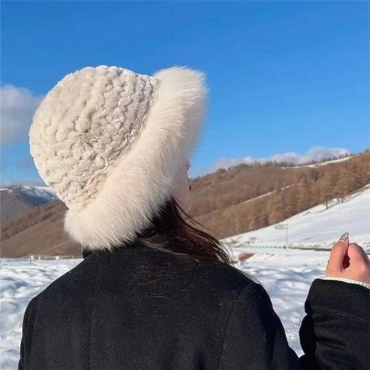 HOES-Women's Bucket Hat Plush Protection From Cold Fashionable Winter Hat For Women Winter Cap -Black