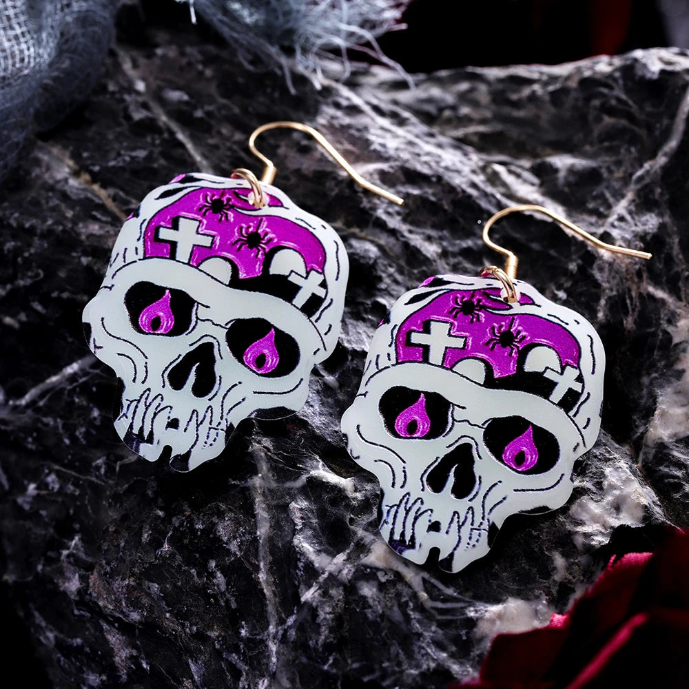 Colorful EtherealBe Halloween earrings for women featuring skull design with purple accents