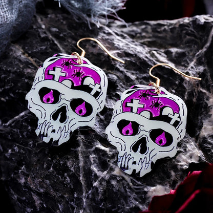 Colorful EtherealBe Halloween earrings for women featuring skull design with purple accents