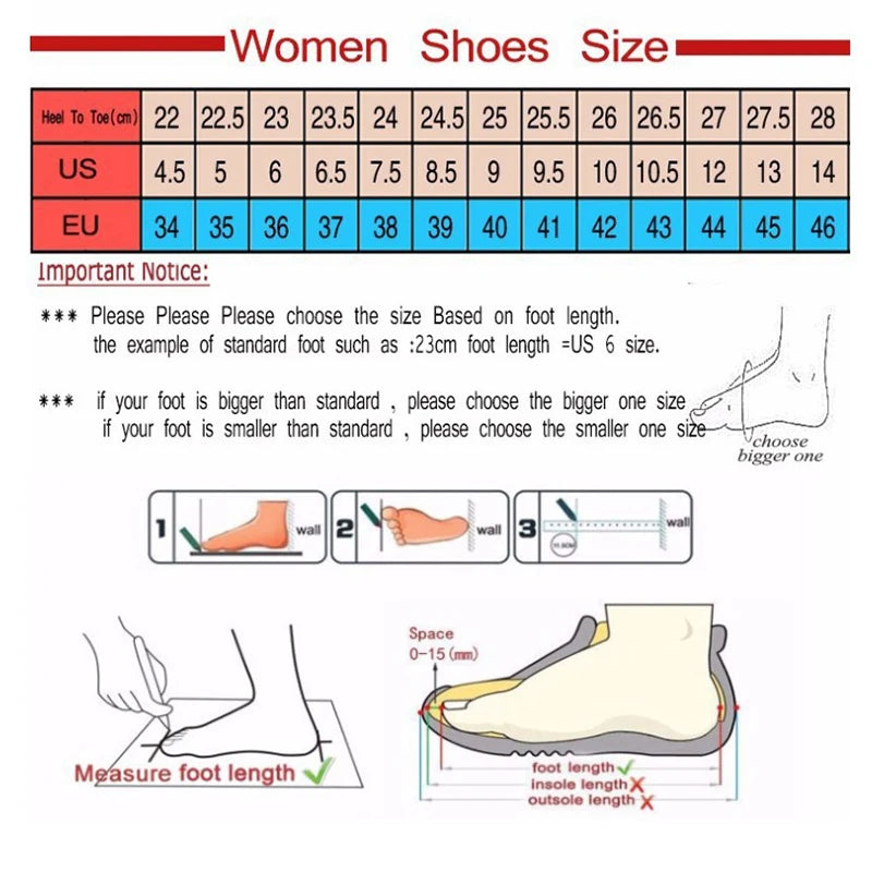 Size chart for comfortable casual loafers for women with foot length measurements in US and EU sizes