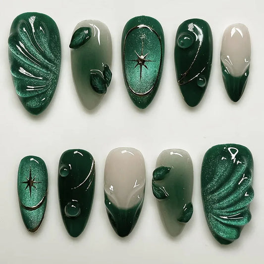 24Pcs 3D Green Ripple Design False Nails Cat's Eye French Almond Fake Nail Tips Leaves Pattern Removable Oval Press on Nails