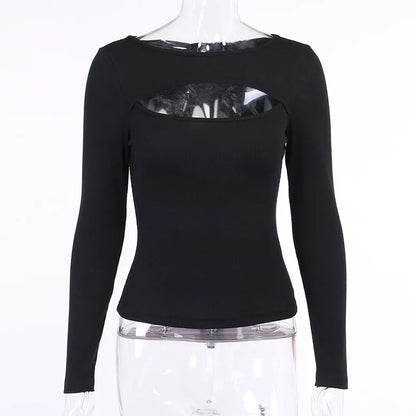 Autumn Women tshirt Hollow Out Solid Black White Long Sleeve Knitted Tee Tops Casual Slim O Neck 2020 Fashion t shirt