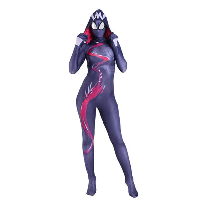 EtherealBe Gwen Stacy cosplay costume for women in purple with hood and spider design