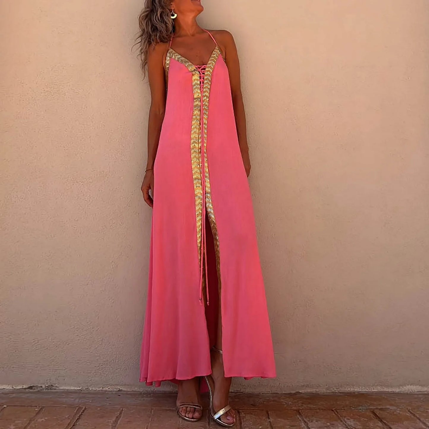 Summer Womens Boho Dresses Lace Up Halter Maxi Dress Vacation Beach Dresses Vestidos Bohemian Long Sundress платье женское