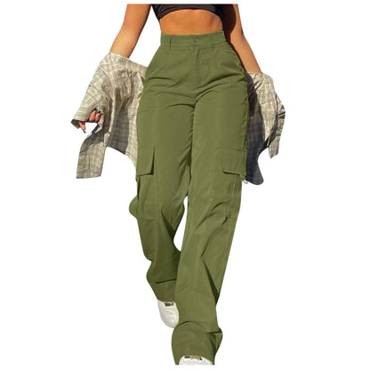 Ladies' Street Fashion Multi Pocket Cargo Pants Summer Solid Color Straight Leg Pants High Waist Slimming Loose Fit Cargo Pants