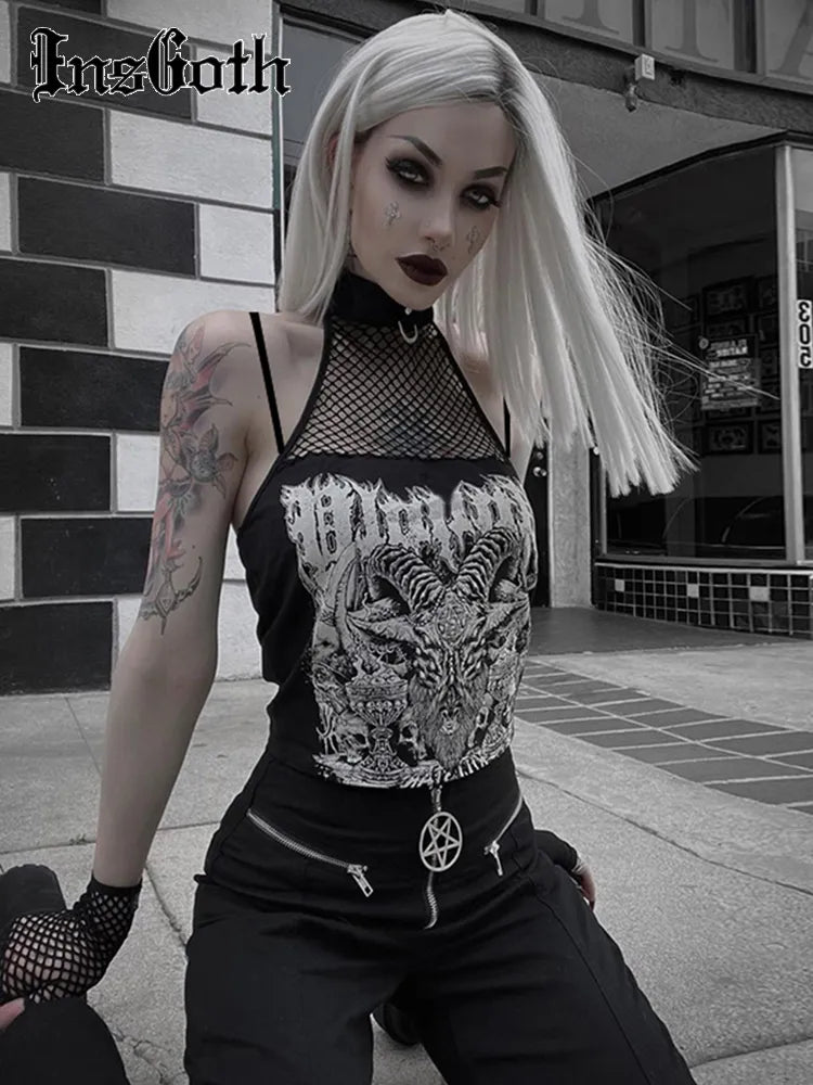 InsGoth Gothic Punk Tank Tops Mall Goth Grunge Print Harajuku Women Y2K Crop Tops Summer Vintage Black Sleeveless Streetwear