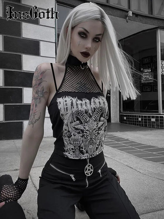 InsGoth Gothic Punk Tank Tops Mall Goth Grunge Print Harajuku Women Y2K Crop Tops Summer Vintage Black Sleeveless Streetwear