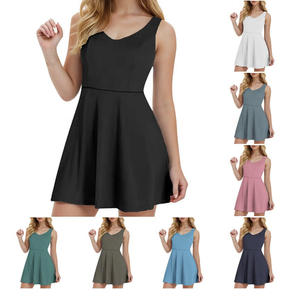 2024 New Tennis Dress Women Solid Color Beach Vacation Sports With Pocket Built In Shorts Breathable Backless Mini Dresses