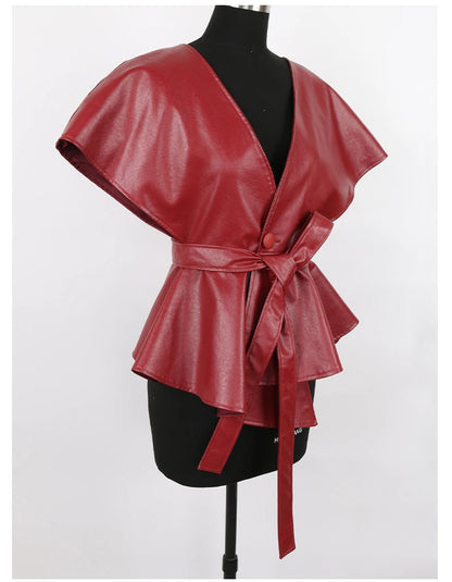 Nerazzurri Spring Short Red Faux Leather Vest Women Belt Runway Fashion Elegant Luxury Designer Clothes Sleeveless Jacket 2022